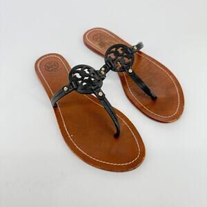 Tory Burch Miller Sandals Size 9.5 Black Leather Flat Logo Thong Luxe Resort